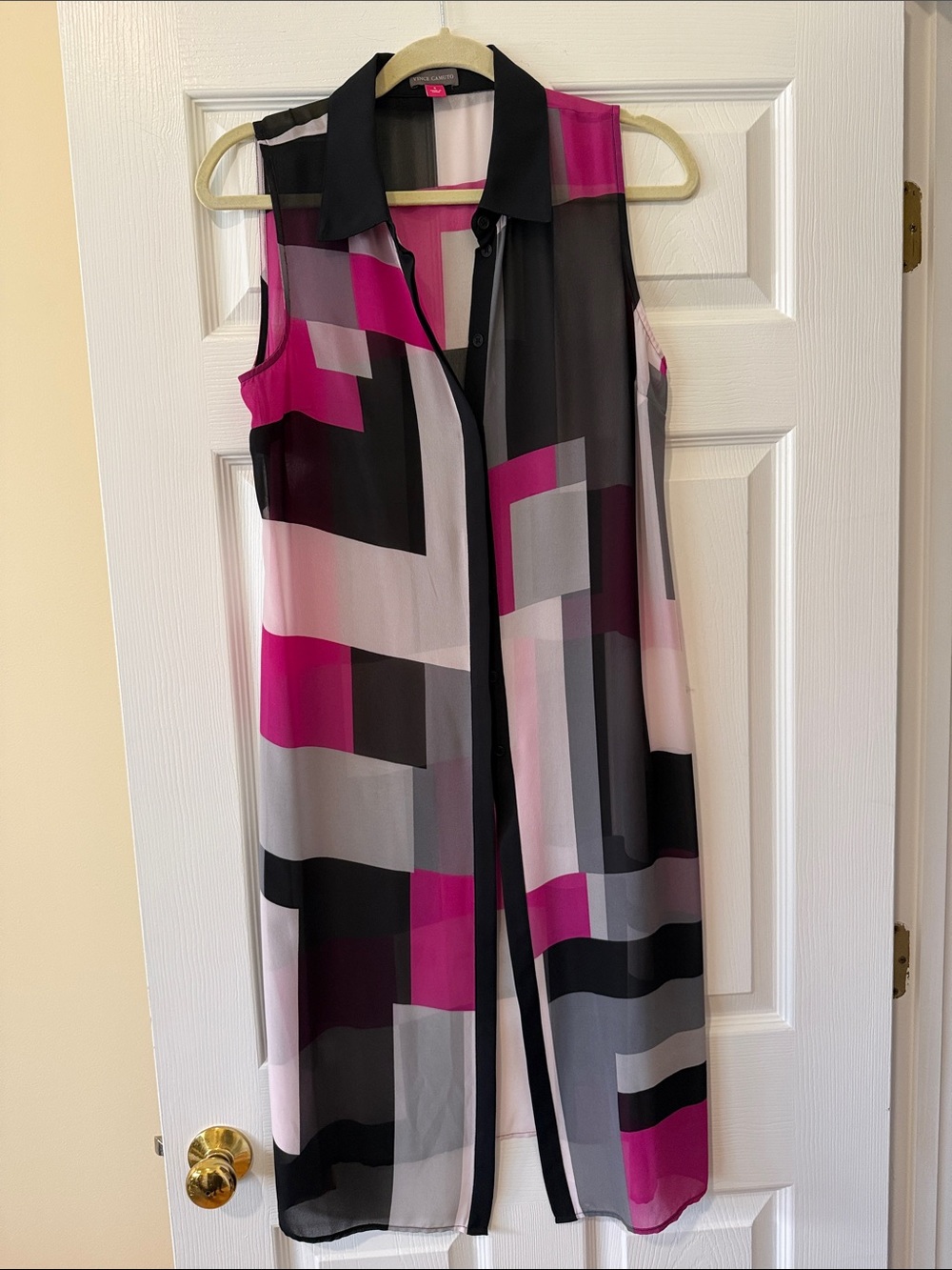 Vince Camuto Sleeveless Geometric Print Long Vest Dress Pink & Black Size Small